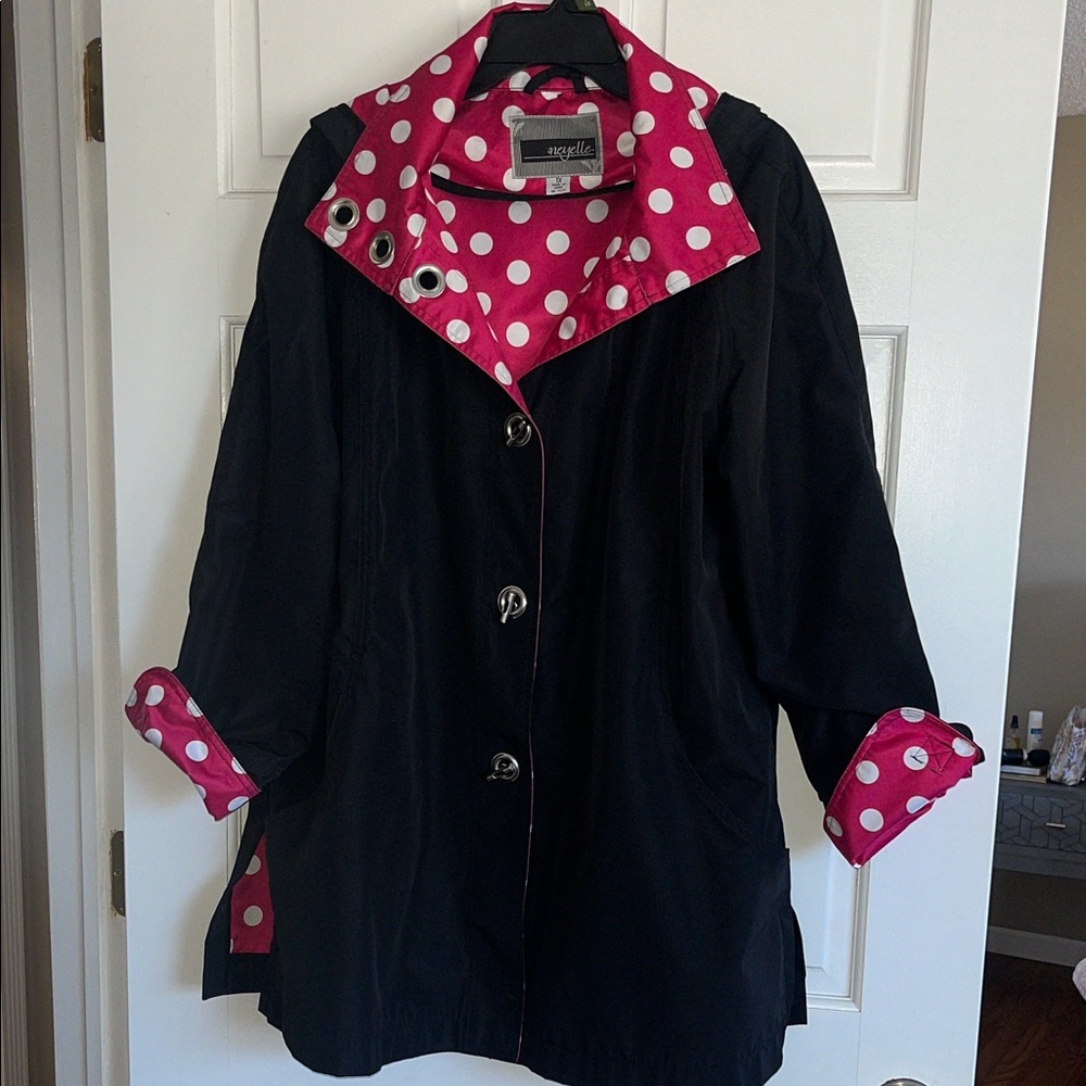Neyelle Black Raincoat with Pink Polka Dot Trim Plus Size